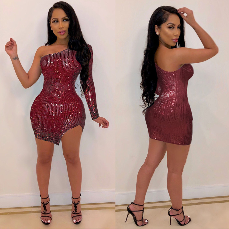 Sexy Womens Side Slit One-shoulder Sequin Dress with Lining K8930