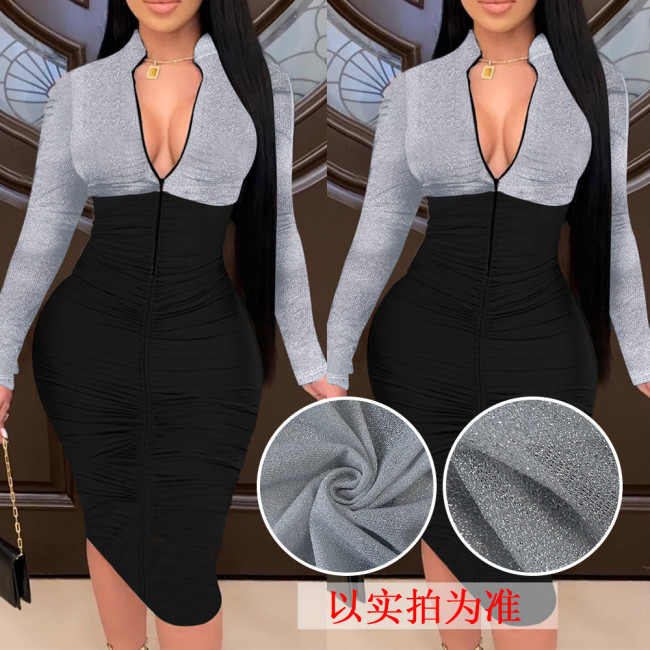 Sexy stitching zipper long sleeve pleated slim dress nightclub K3023