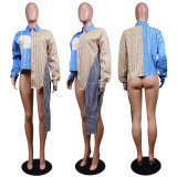 Fashionable commuter color matching single-breasted striped lapel cardigan long-sleeved shirt WY6732