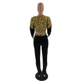 Pure color leopard print stitching casual sports sexy two-piece suit LM1068