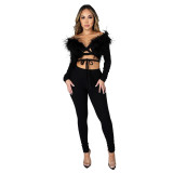 Two-piece Womens ostrich hair long-sleeved shirt slim pile pile pants CCY8824