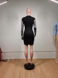 Fashion splicing hedging leopard print mid-waist slim bag hip skirt dress WY6719