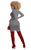Temperament Womens houndstooth leopard print dress long skirt R6382