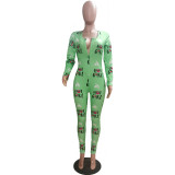 Sexy Printed V-Neck Long Sleeves Skinny Jumpsuit R6386