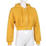 Solid color basic hooded pocket short zipper cardigan sweater coat HC7657W0I