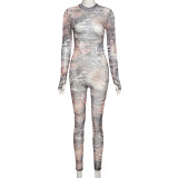 Womens Long Sleeve Printed Slim Breathable Sports Jumpsuit K20Q09780