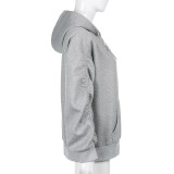 Long sleeve pleated hooded drawstring pocket loose sweatshirt jacket HT8596W0J