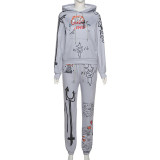 Womens printed hooded plus fleece sweater casual suit M20S09140