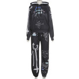 Womens printed hooded plus fleece sweater casual suit M20S09140