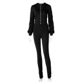 Zip Hooded Long Sleeve Top Slim Fit Ruched Pants Sports Suit S0A3566K