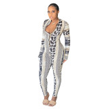 Stand-up collar zipper printing long-sleeved one-piece yoga suit P003531