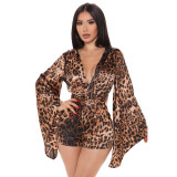 Sexy fashion leopard print long sleeve V-neck short jumpsuit SMR9850
