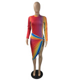 Fashion sexy color print irregular split dress ML7408