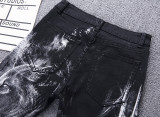 Mens Wolf Head Print Pattern Black Pants Mens Denim Pants TX919