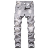 Mens ripped jeans gray slim straight Mens non-stretch trousers TX958