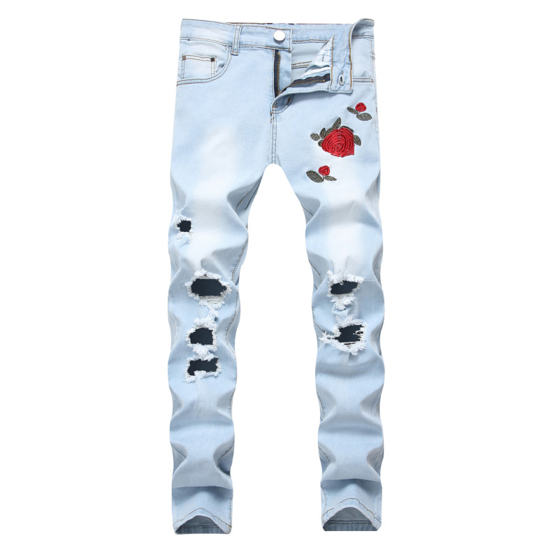 Mens embroidered rose flower denim ripped light blue pants slim-fit plus size stretch trousers TX1855
