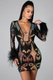 Sexy V-neck dress with sequined ostrich fur for nightclub party CCY8741