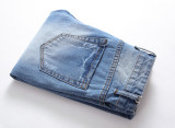 Mens ripped jeans light blue trendy straight slim fit big ripped TX405