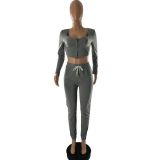 Womens cardigan zipper solid color trousers two-piece suit SQ932
