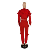 New solid color ruffled hooded two-piece suit P8558
