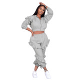 New solid color ruffled hooded two-piece suit P8558