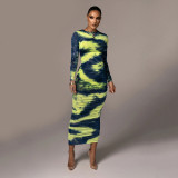 womens long-sleeved round neck slim temperament versatile printing and dyeing long skirt FD8863