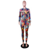 Fashion sexy sports stitching long sleeve printing suit two-piece WY6725