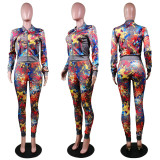 Fashion sexy sports stitching long sleeve printing suit two-piece WY6725