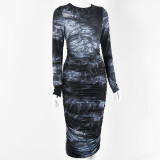 womens long-sleeved round neck slim temperament versatile printing and dyeing long skirt FD8863