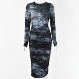 womens long-sleeved round neck slim temperament versatile printing and dyeing long skirt FD8863