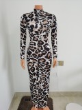 Plus size women's halter back hip tight-fitting bag hip skirt long-sleeved leopard print dress FF1069