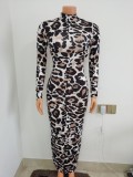 Plus size women's halter back hip tight-fitting bag hip skirt long-sleeved leopard print dress FF1069