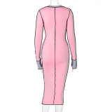 Sexy Contrast Stitching V-Neck Long Sleeves Skinny Midi Dress D0C4018A