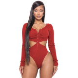 Plus Size Sexy Hollow Out Deep V-Neck Long Sleeves Bodysuit M2990
