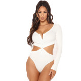 Plus Size Sexy Hollow Out Deep V-Neck Long Sleeves Bodysuit M2990