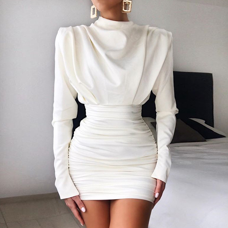 Fashion Solid Color Round Neck Long Sleeves Pleated Skinny Dress YLYT3562