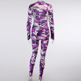Yoga Printed V-Neck Long Sleeves Button Stitching Jumpsuit 20539P