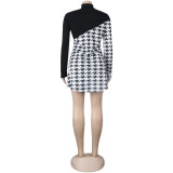 Fashion Knitting Stitching High Collar Long Sleeves Mini Dress K8947