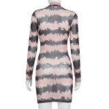 Sexy Perspective Printed Round Neck Long Sleeves Mini Bodycon Dress Q20711D