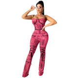 Sexy Striped Letter Printed Suspenders Backless Straight Pants Jumpsuit C3893