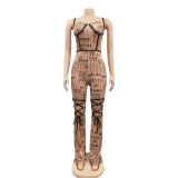 Sexy Striped Letter Printed Suspenders Backless Straight Pants Jumpsuit C3893
