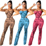 Sexy Striped Letter Printed Suspenders Backless Straight Pants Jumpsuit C3893