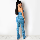 Sexy Striped Letter Printed Suspenders Backless Straight Pants Jumpsuit C3893