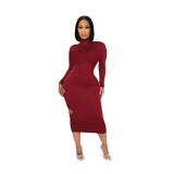 Sexy Hollow Out High Collar Long Sleeves Backless Pleated Midi Dress SH7245