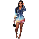 Sexy Pattern Printed V-Neck Long Sleeves Mini Skinny Dress H8172