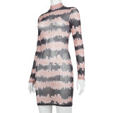 Sexy Perspective Printed Round Neck Long Sleeves Mini Bodycon Dress Q20711D