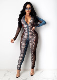 Sexy Mesh Stitching Printed Zipper V-Neck Long Sleeves Skinny Jumpsuit D9345