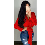 Sexy Solid Color Long Sleeves Lace-Up Cropped Top F6646