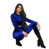 Fashion Velvet Long Sleeves Hooded Cropped Sweater With Trousers Two Pieces Sets HM6370