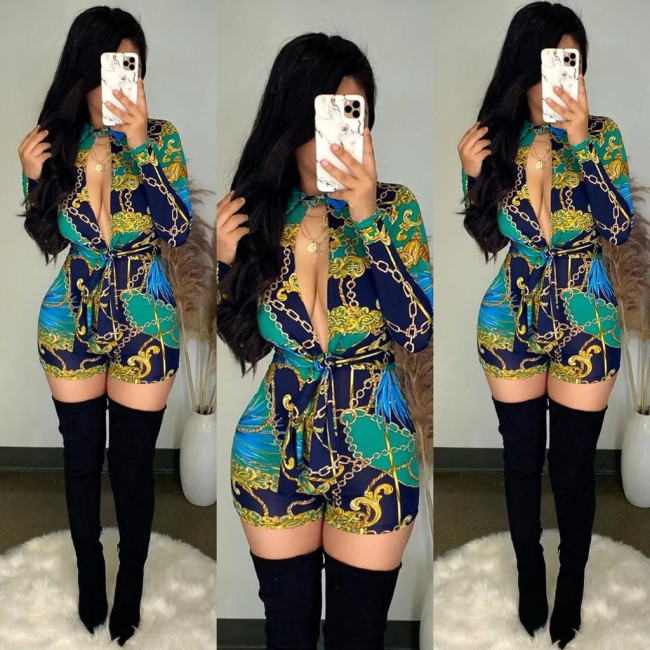 Fashion Printed Deep V-Neck Long Sleeves Short Pants Skinny Jumpsuit B3127